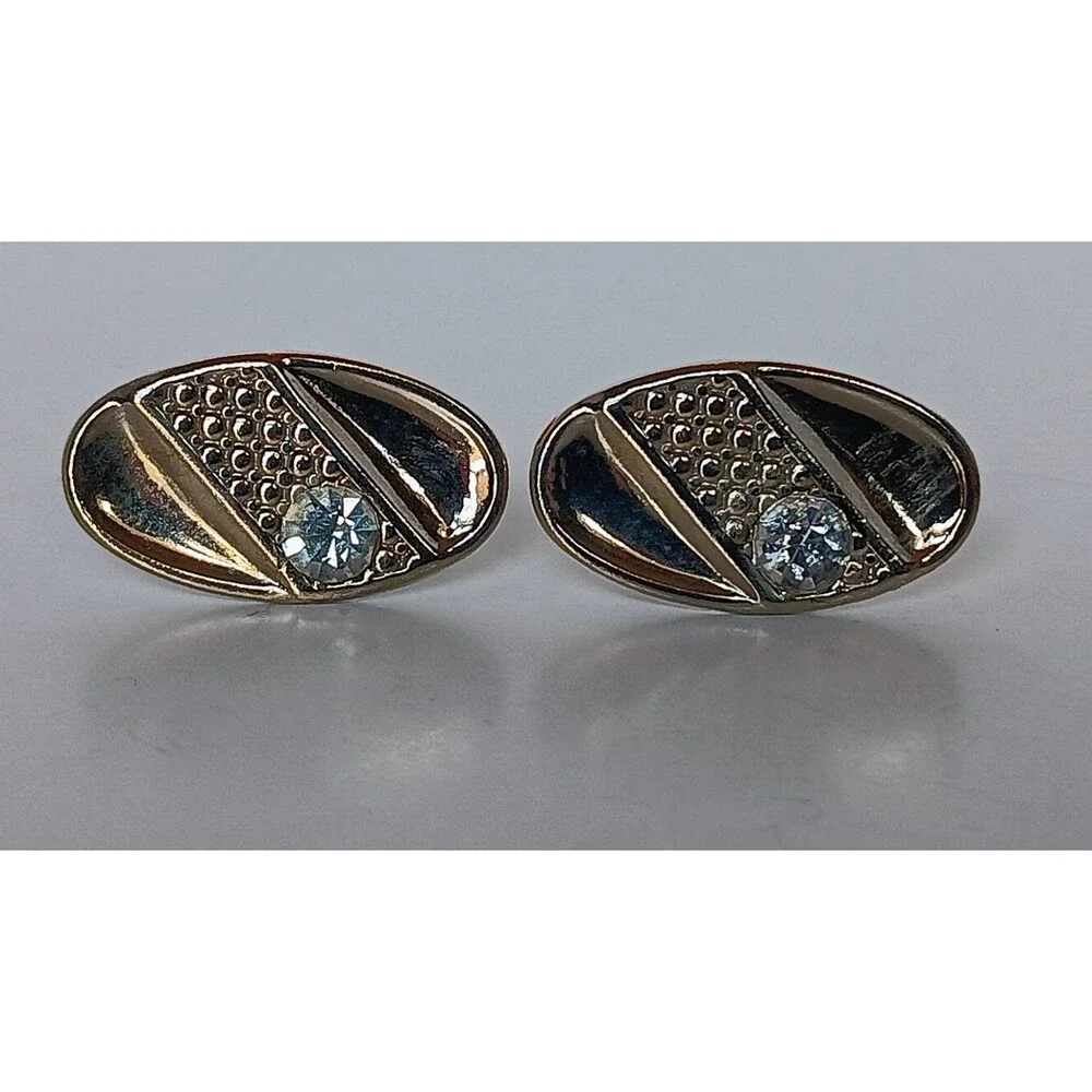 Vintage Shields MCM Mid Century Modern Oval Goldtone Rhinestone Cufflinks